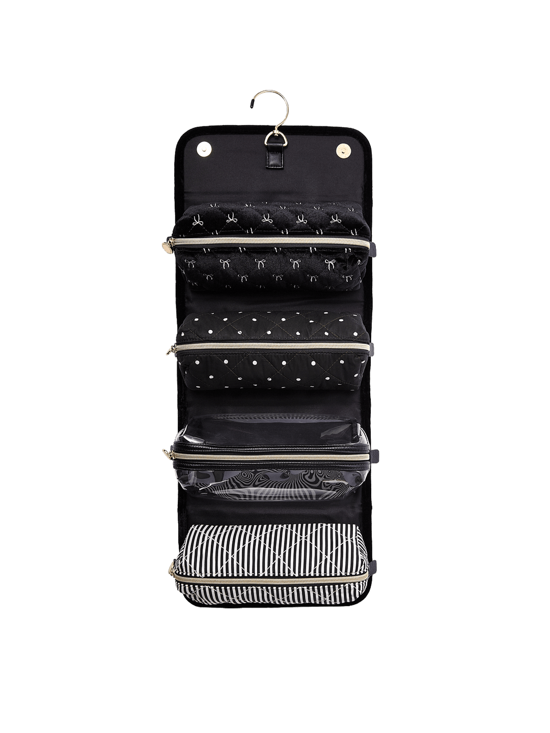 Poppy and Peonies The Glam Squad Cosmetic Case Black Velvet displayed fully unfolded and hanging vertically, revealing multiple black storage compartments, zippered sections, and a black and white striped bottom pocket for organizing beauty essentials.