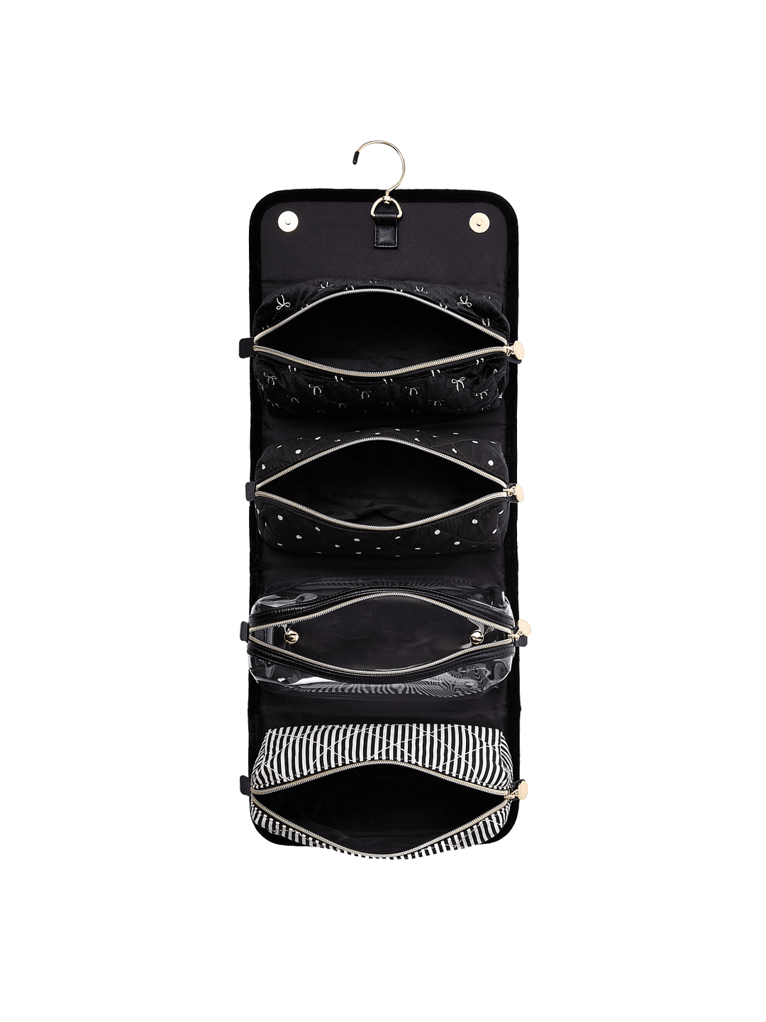 Poppy and Peonies The Glam Squad Cosmetic Case Black Velvet displayed fully open from the back, showcasing its black interior with crisscross elastic straps, multiple storage sections, and a black and white striped bottom compartment.