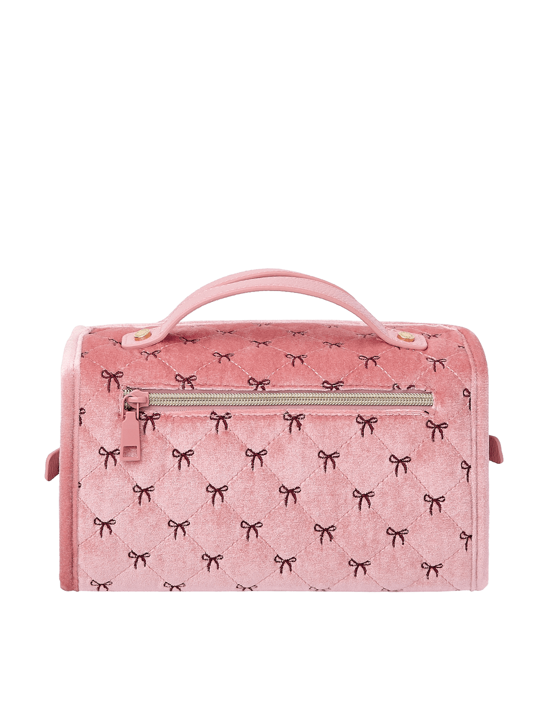 Poppy and Peonies The Glam Squad Cosmetic Case Pink Velvet displayed from the back, featuring its soft pink velvet exterior with delicate black bow patterns, structured rectangular silhouette, dual top handles, and zippered closure.