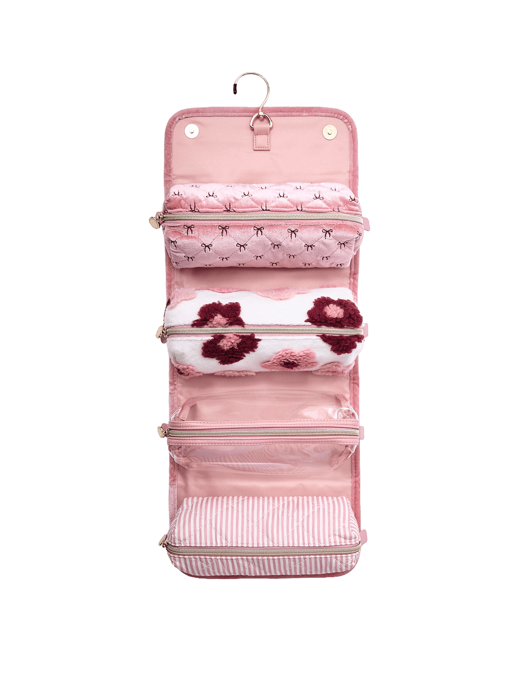 Poppy and Peonies The Glam Squad Cosmetic Case Pink Velvet displayed fully unfolded and hanging vertically, revealing multiple blush pink storage compartments, zippered sections, and coordinating floral and striped patterns for organizing beauty essentials.