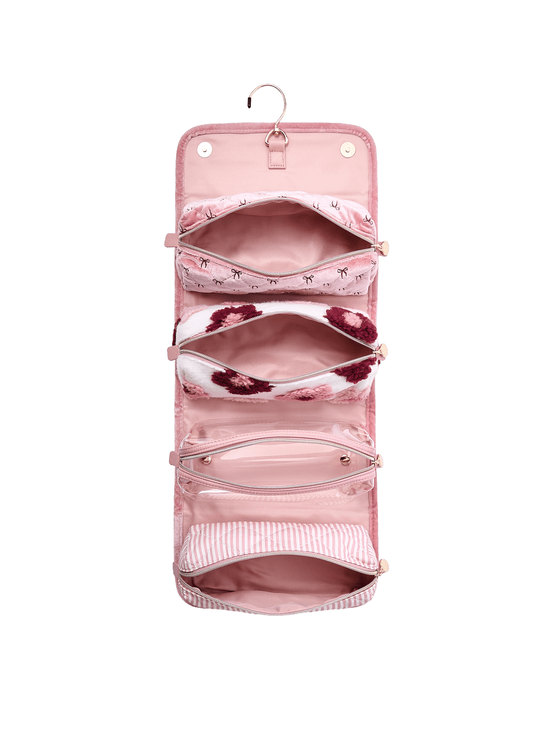 Poppy and Peonies The Glam Squad Cosmetic Case Pink Velvet displayed fully open from the front, showcasing its blush pink interior with multiple zippered compartments, transparent storage pockets, and spacious sections for cosmetics and travel essentials.