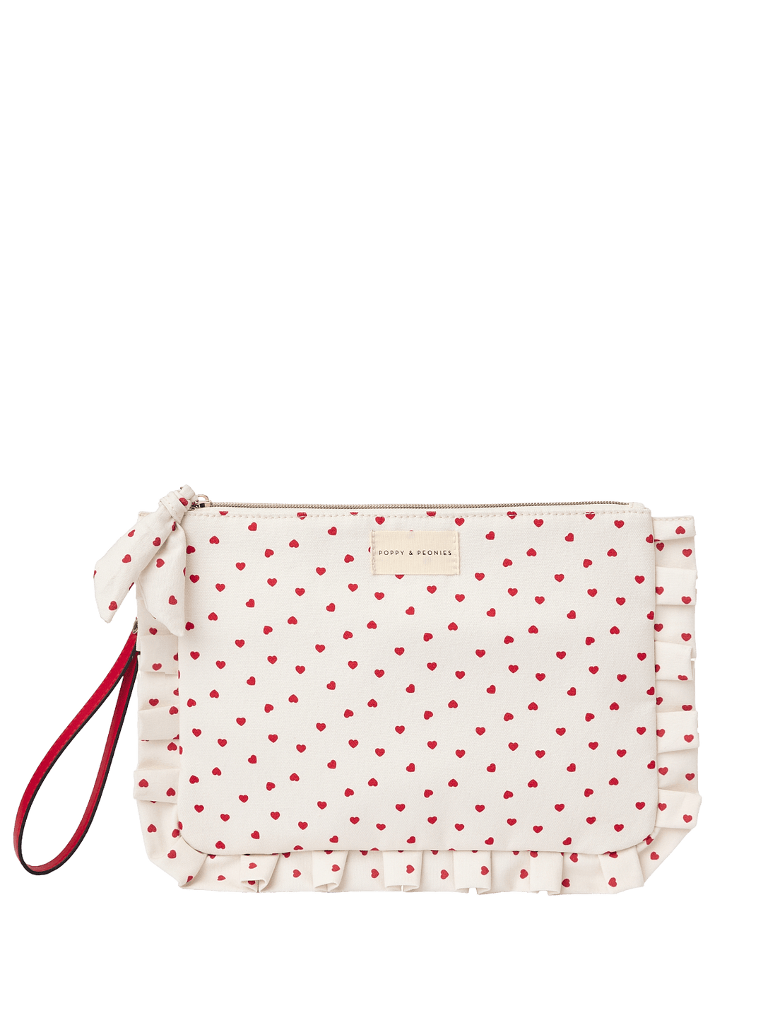 White clutch with red heart pattern and red wrist strap