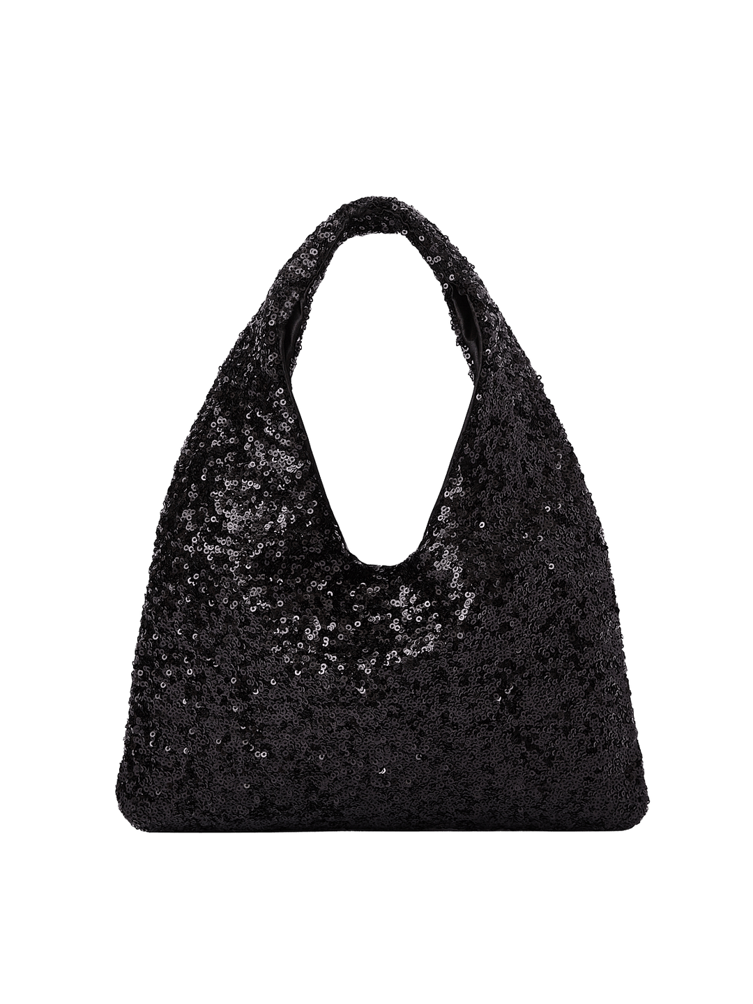 Poppy and Peonies The Jingle Belle Shoulder Bag Black displayed from the back, showcasing its shimmering black sequin exterior, triangular silhouette, integrated shoulder handle, and sparkling finish.
