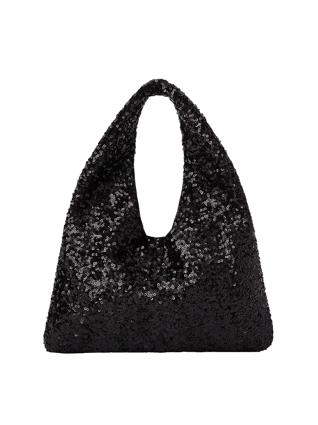 Poppy and Peonies The Jingle Belle Shoulder Bag Black featuring a shimmering black sequin exterior, soft triangular silhouette, integrated shoulder handle, and sparkling textured finish.