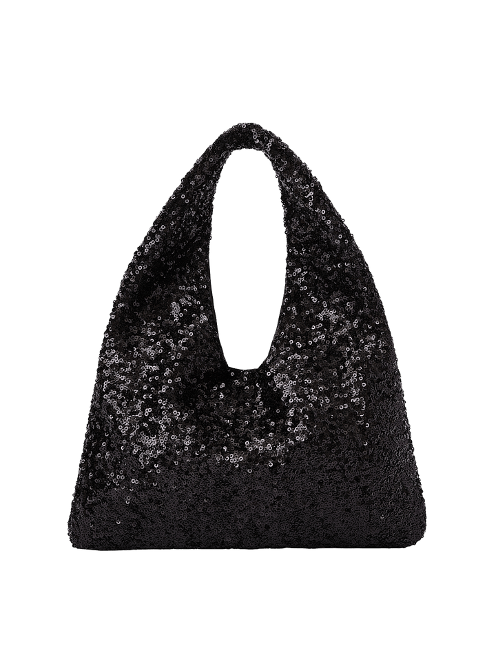 Poppy and Peonies The Jingle Belle Shoulder Bag Black featuring a shimmering black sequin exterior, soft triangular silhouette, integrated shoulder handle, and sparkling textured finish.