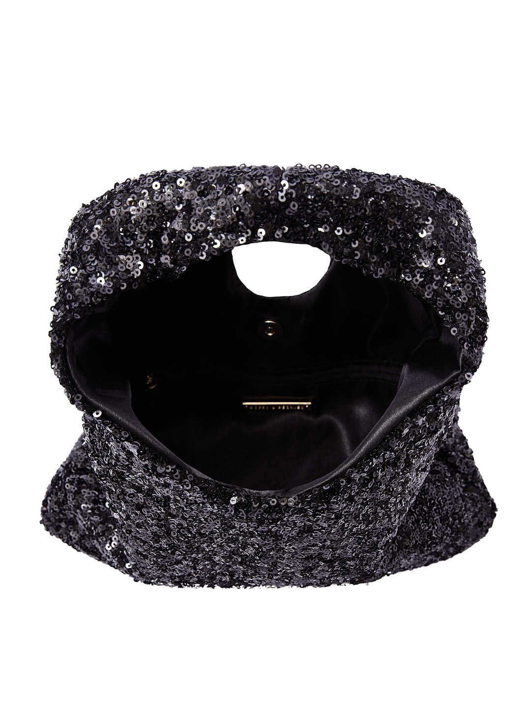 Poppy and Peonies The Jingle Belle Shoulder Bag Black displayed open from above, revealing its smooth black interior lining, spacious main compartment, and interior closure.