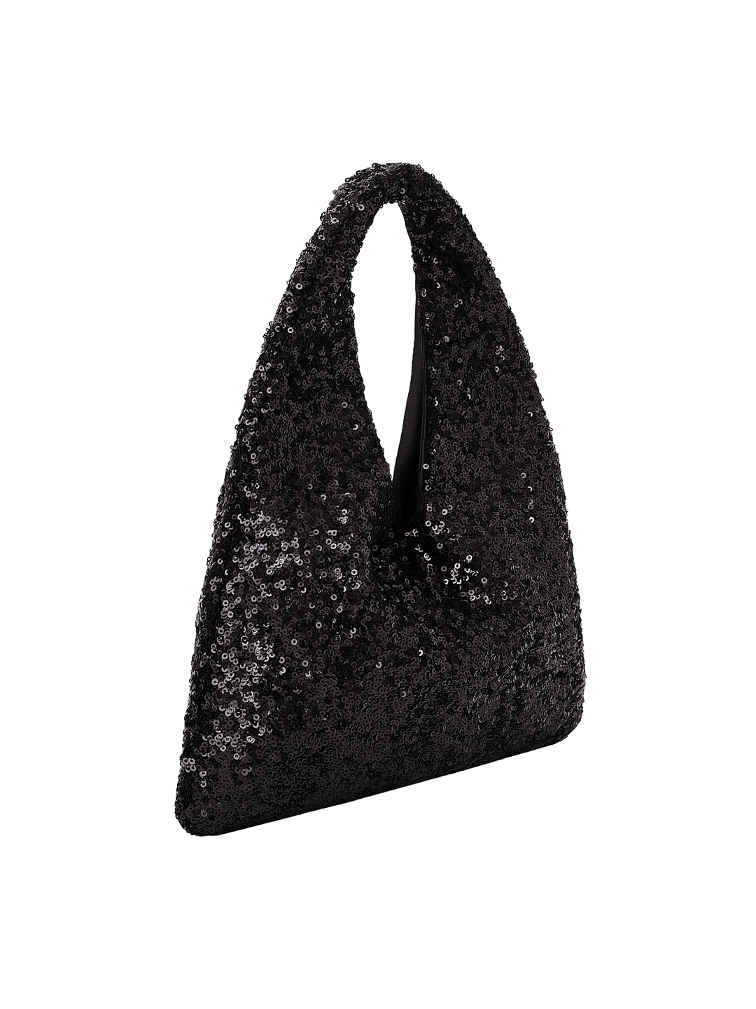 Poppy and Peonies The Jingle Belle Shoulder Bag Black displayed at a three-quarter angle, highlighting its soft triangular shape, sparkling black sequin exterior, integrated shoulder handle, and slim side profile.