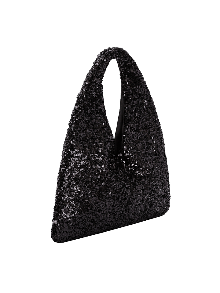 Poppy and Peonies The Jingle Belle Shoulder Bag Black displayed at a three-quarter angle, highlighting its soft triangular shape, sparkling black sequin exterior, integrated shoulder handle, and slim side profile.