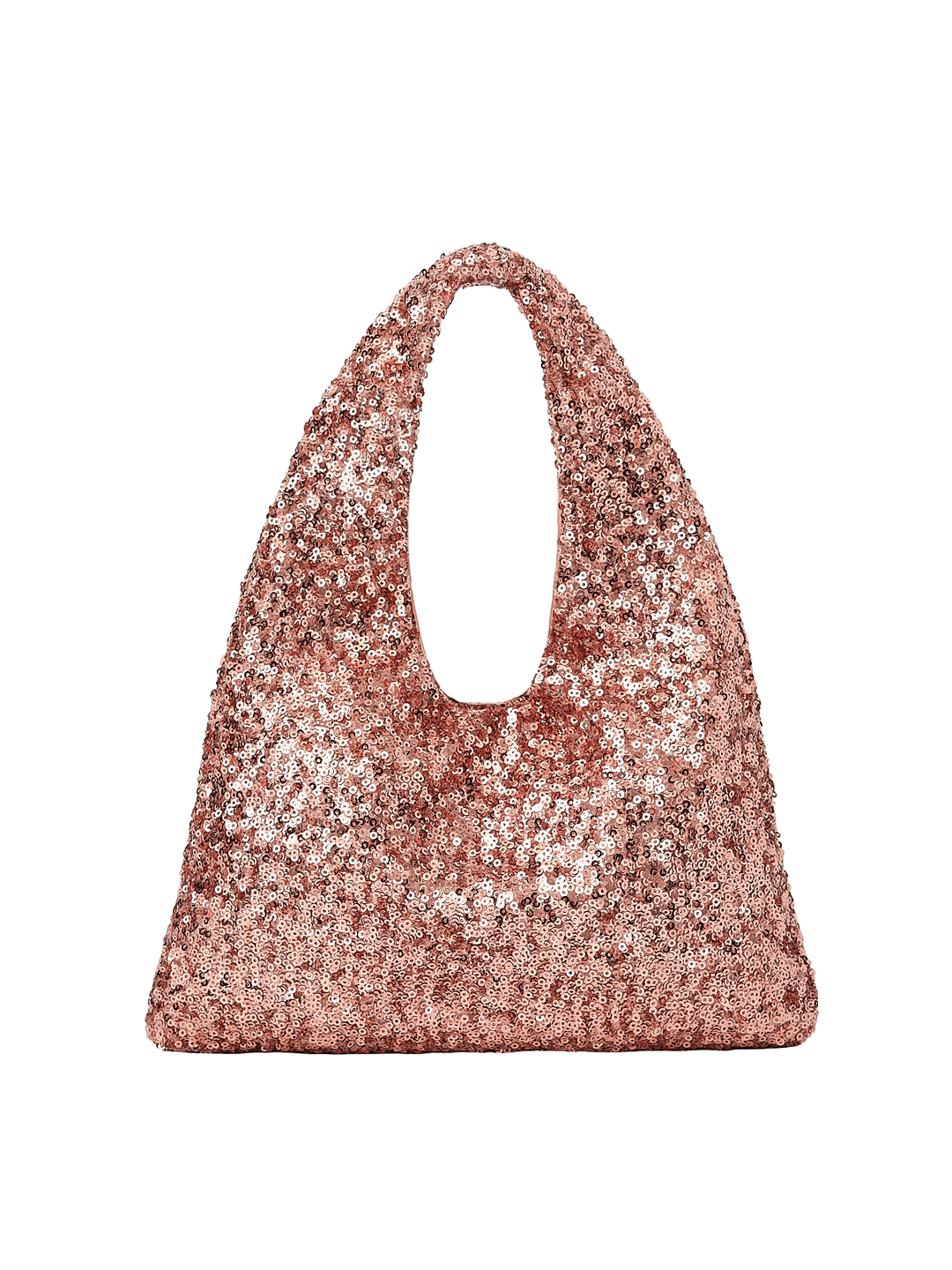 Poppy and Peonies The Jingle Belle Shoulder Bag Rose Gold displayed from the back, showcasing its shimmering rose gold sequin exterior, triangular silhouette, integrated shoulder handle, and sparkling finish.