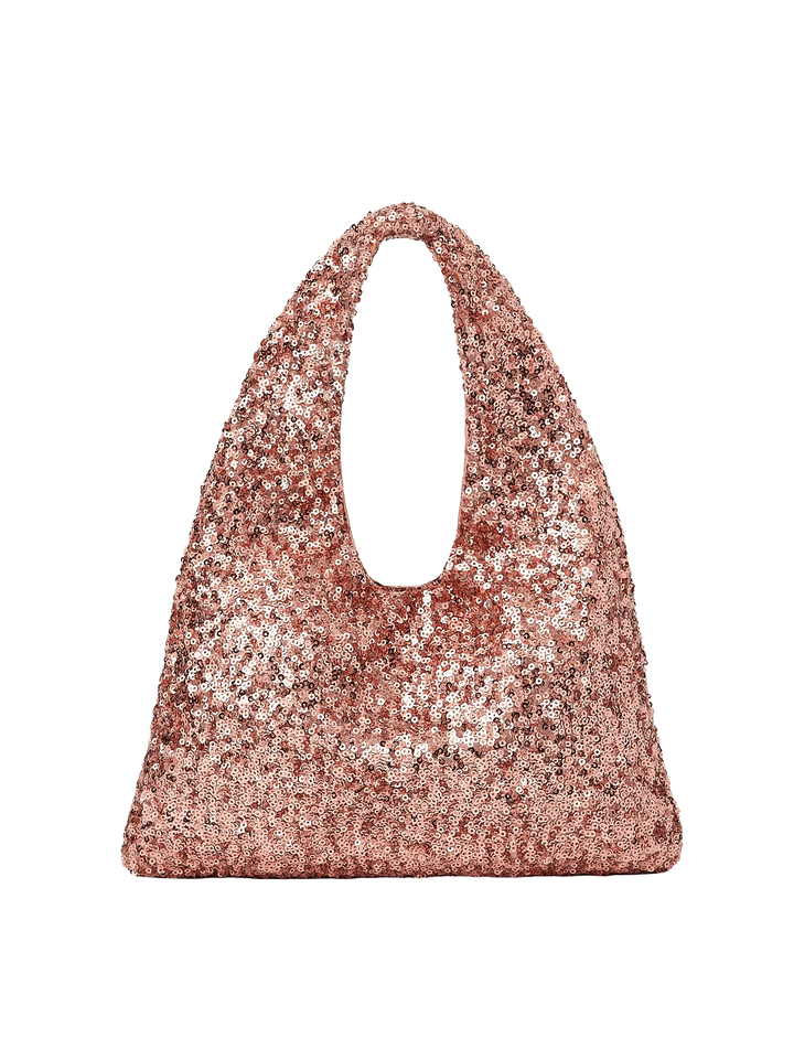 Poppy and Peonies The Jingle Belle Shoulder Bag Rose Gold displayed from the back, showcasing its shimmering rose gold sequin exterior, triangular silhouette, integrated shoulder handle, and sparkling finish.