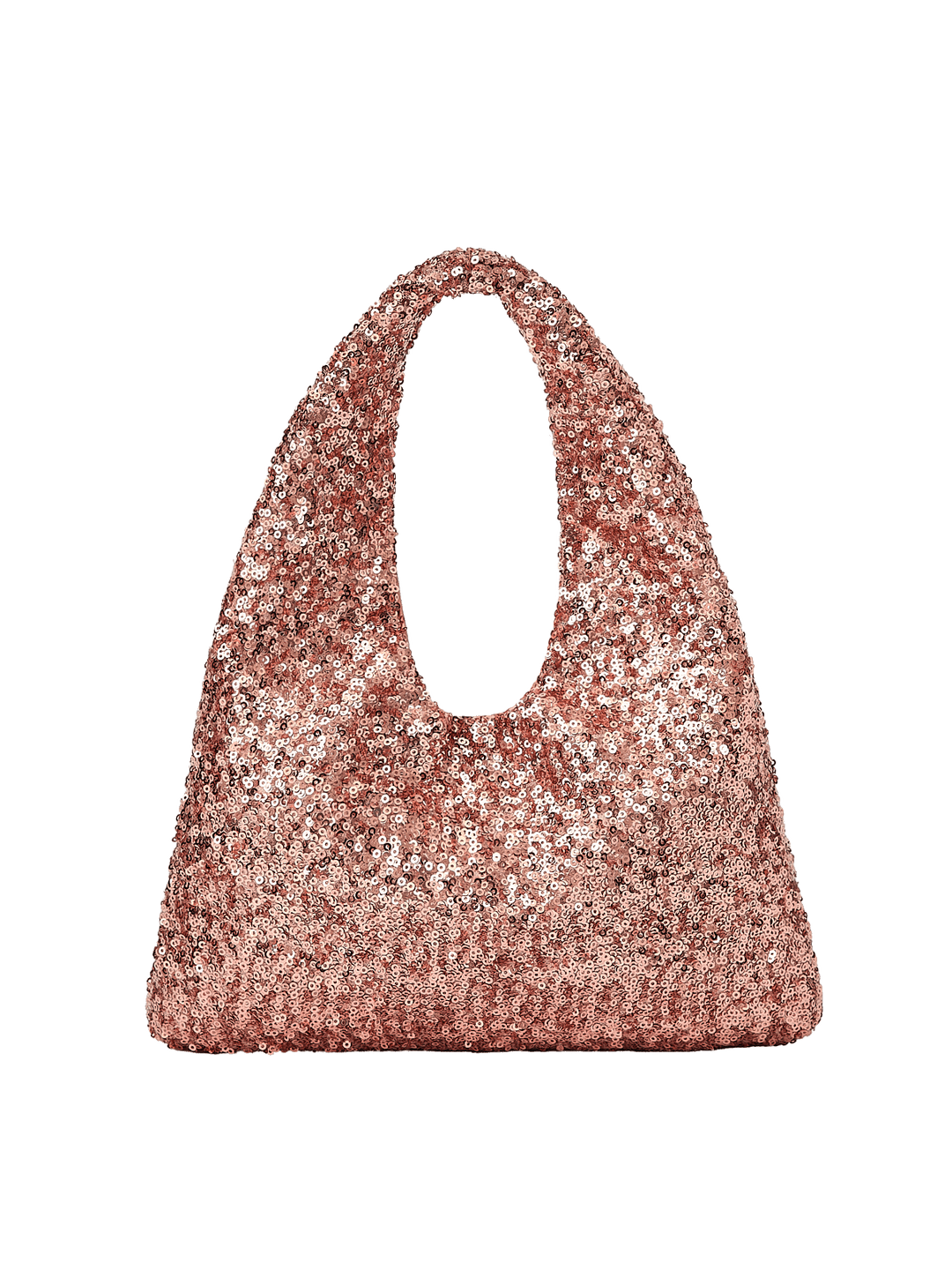 Poppy and Peonies The Jingle Belle Shoulder Bag Rose Gold featuring a shimmering rose gold sequin exterior, soft triangular silhouette, integrated shoulder handle, and sparkling textured finish.