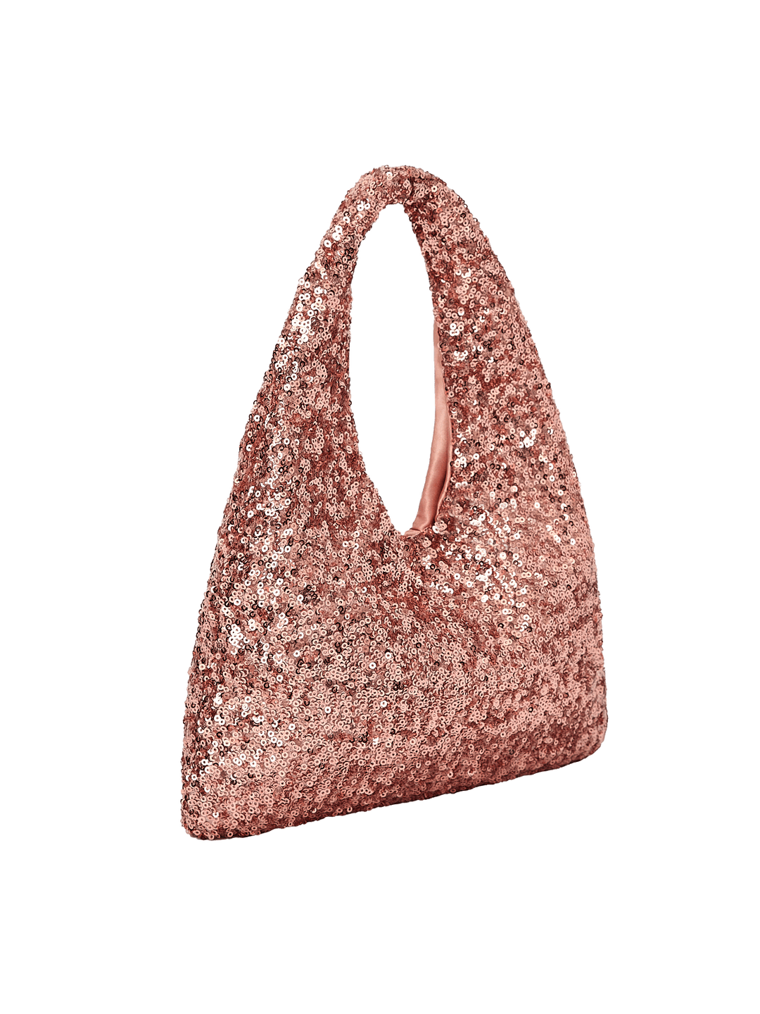 Poppy and Peonies The Jingle Belle Shoulder Bag Rose Gold displayed at a three-quarter angle, highlighting its soft triangular shape, sparkling rose gold sequin exterior, integrated shoulder handle, and slim side profile.