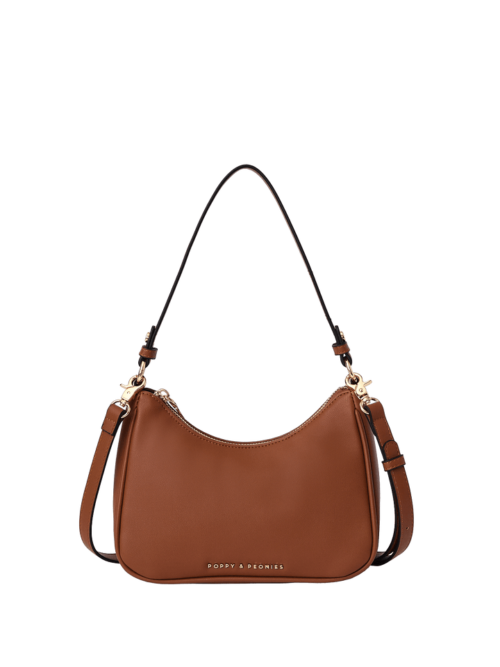 Brown vegan leather shoulder bag with detachable crossbody strap