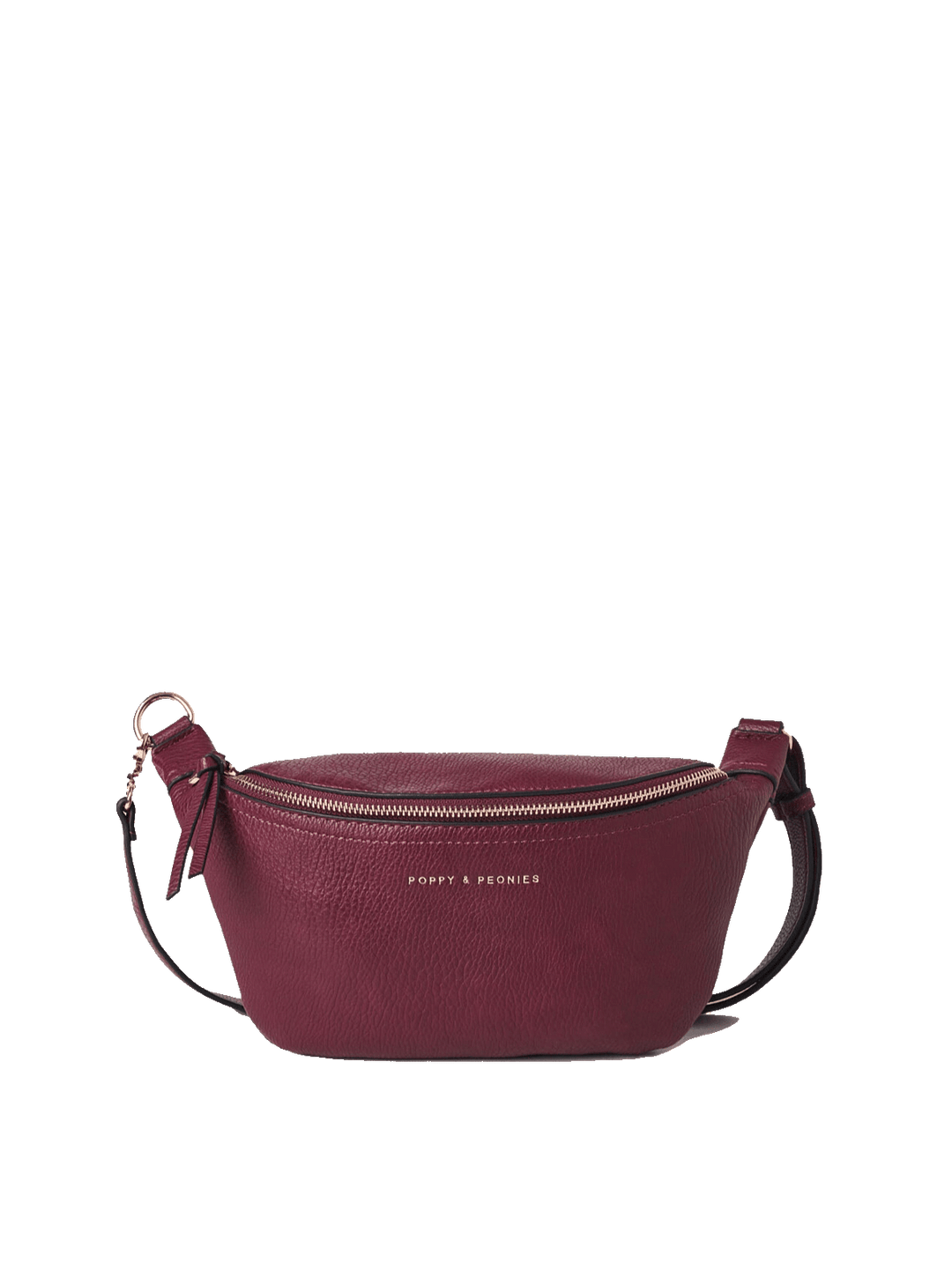 Poppy and Peonies The Sidekick Berry crossbody bag featuring a curved silhouette, textured berry exterior, gold-tone zipper, adjustable strap, and gold logo on the front.