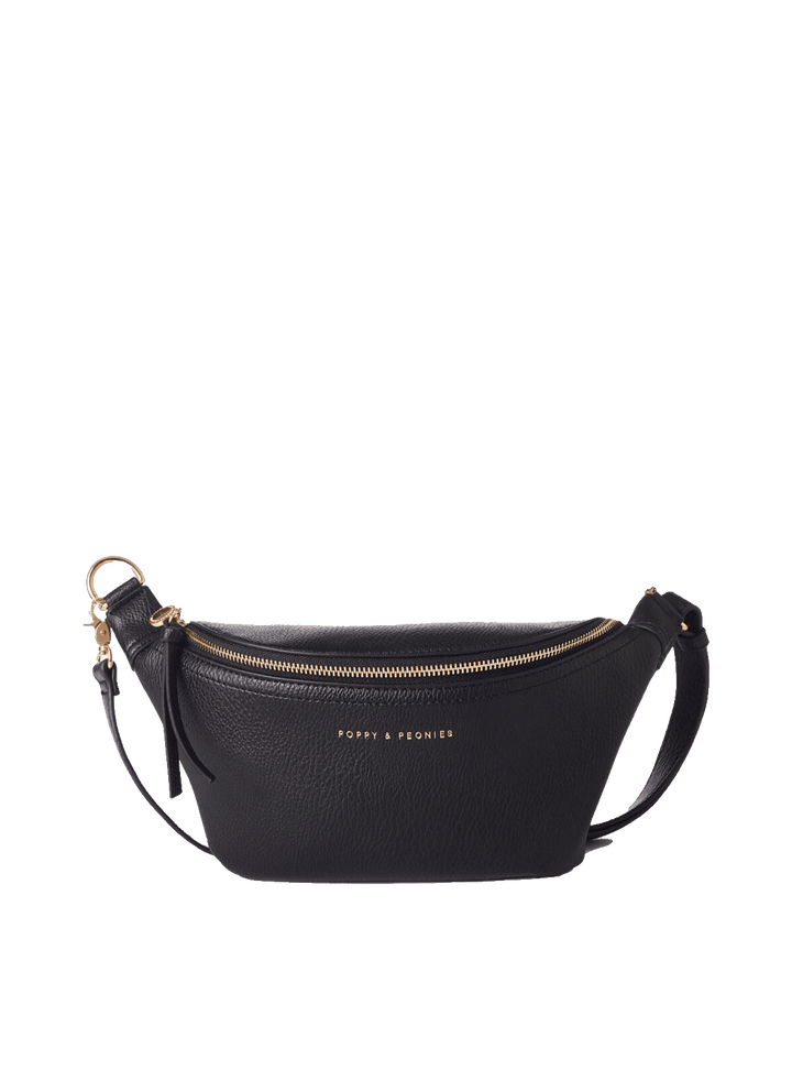 Poppy and Peonies The Sidekick Black featuring a textured black exterior, curved silhouette, gold-tone top zipper, adjustable crossbody strap, and subtle gold logo detailing on the front.
