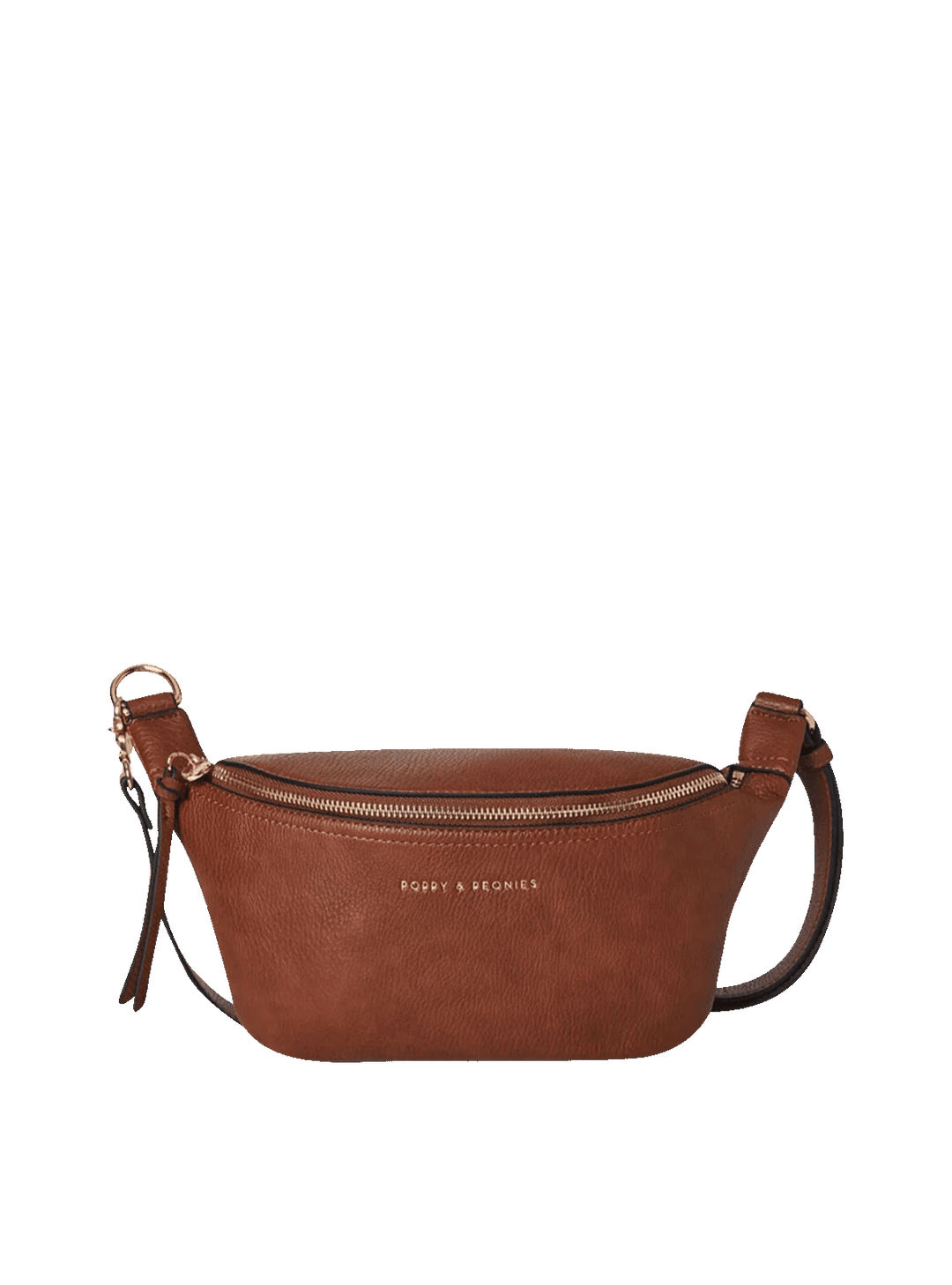 Poppy and Peonies The Sidekick Chestnut front view featuring a curved silhouette, textured chestnut finish, gold-tone zipper, adjustable strap, and gold Poppy and Peonies logo.