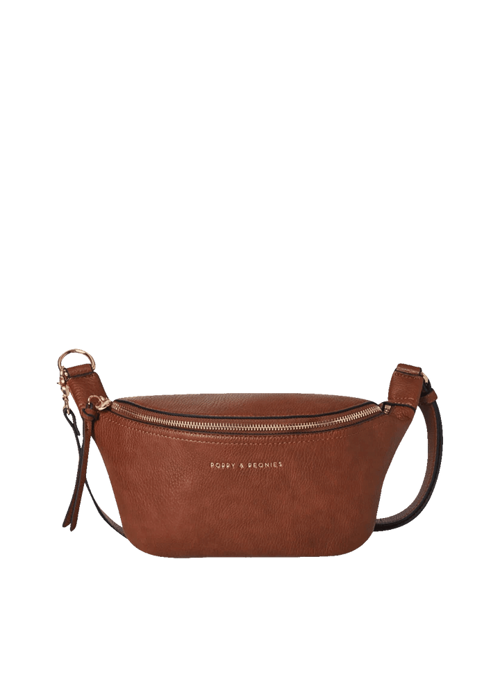 Poppy and Peonies The Sidekick Chestnut front view featuring a curved silhouette, textured chestnut finish, gold-tone zipper, adjustable strap, and gold Poppy and Peonies logo.