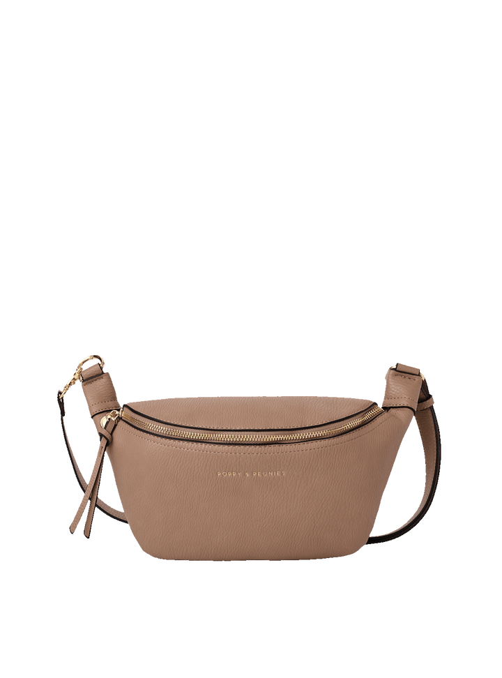 Poppy and Peonies The Sidekick Mocha Mousse front view featuring a compact crescent-shaped silhouette, textured mocha exterior, gold-tone zipper hardware, and adjustable crossbody strap