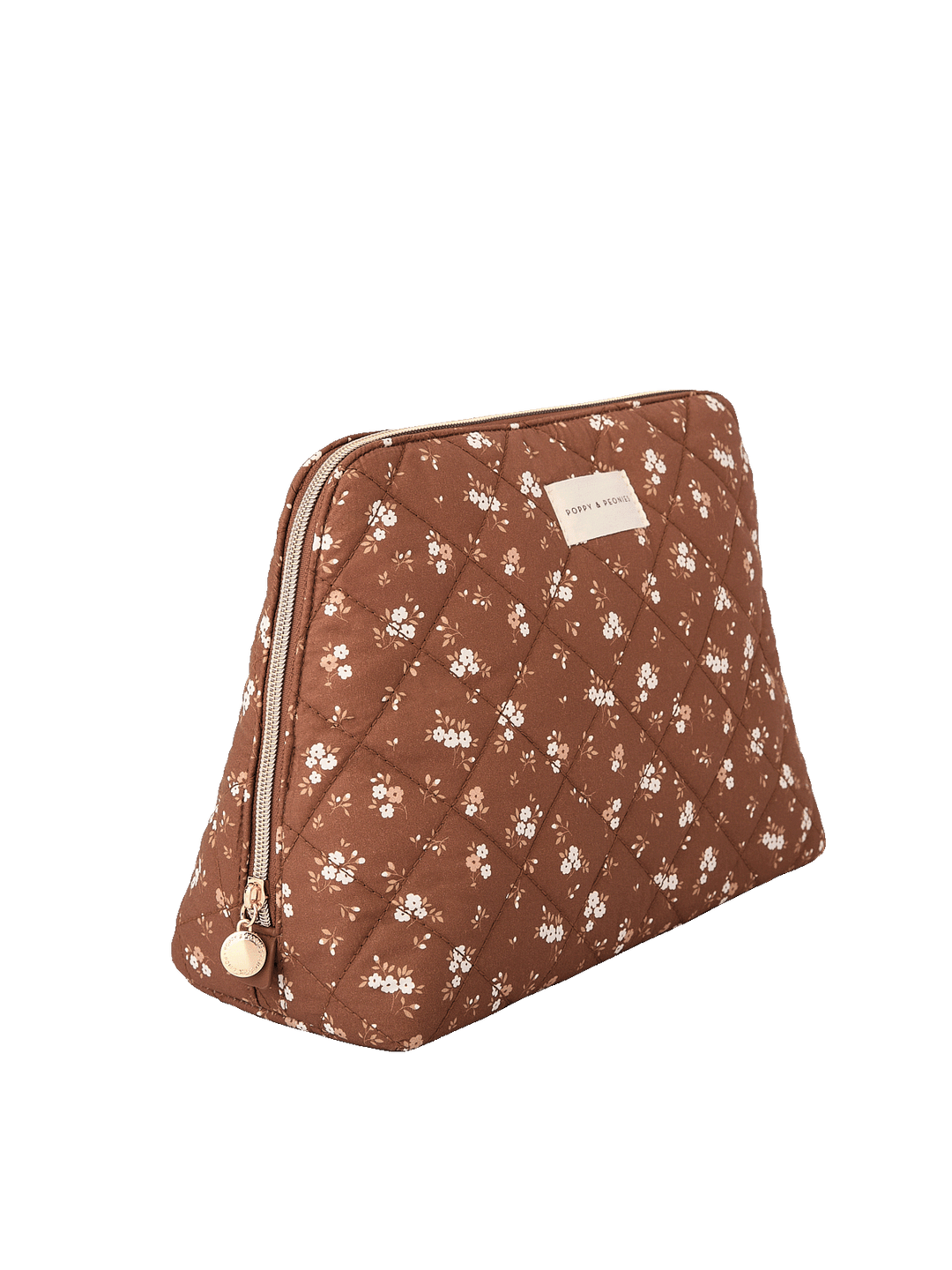 Angled side view of the Sitting Pretty Cosmetic Case in Brown Floral