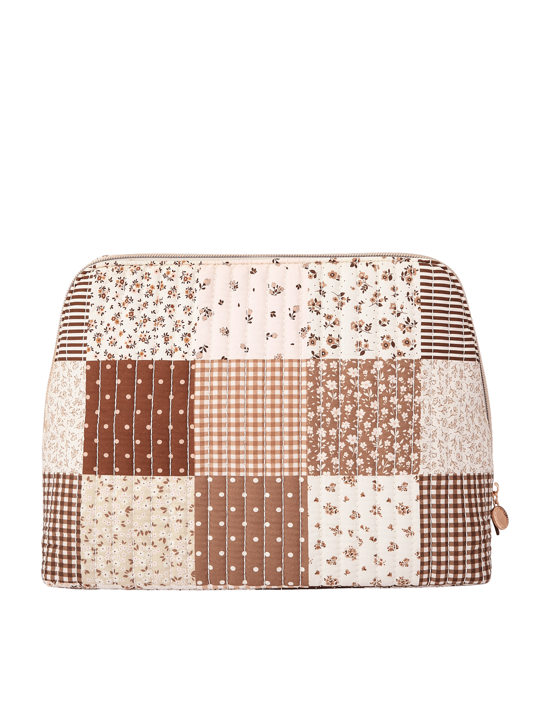 Back view of the Sitting Pretty Cosmetic Case in Brown Patchwork