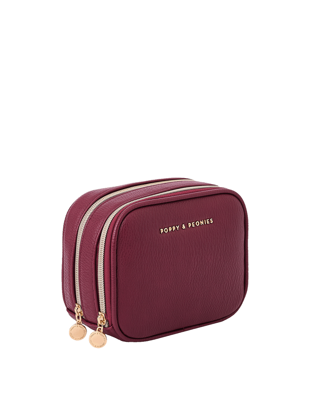 Angled side view of Pretty Connected Case in Berry showing dual zip compartments