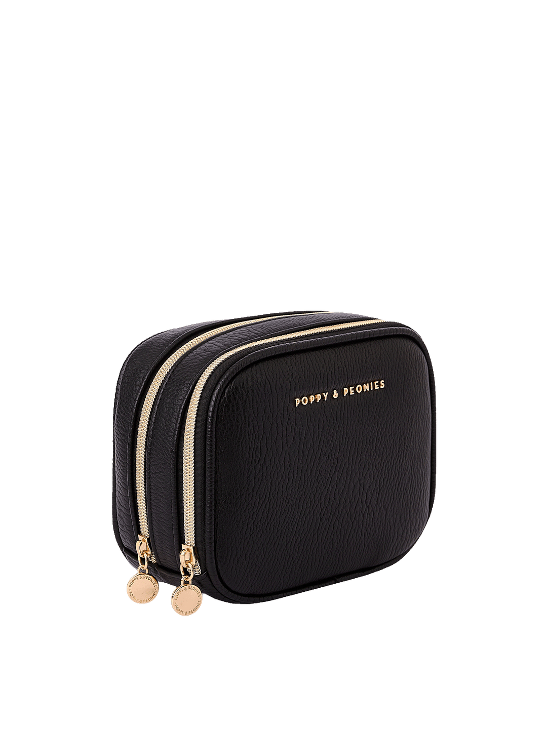 Angled side view of Pretty Connected Case in Black showing dual zip compartments