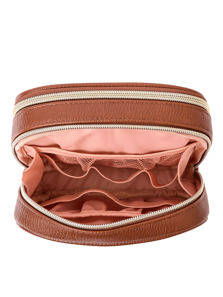 Pretty Connected Case in Chestnut opened to show tech compartment with elastic organizers and mesh pockets