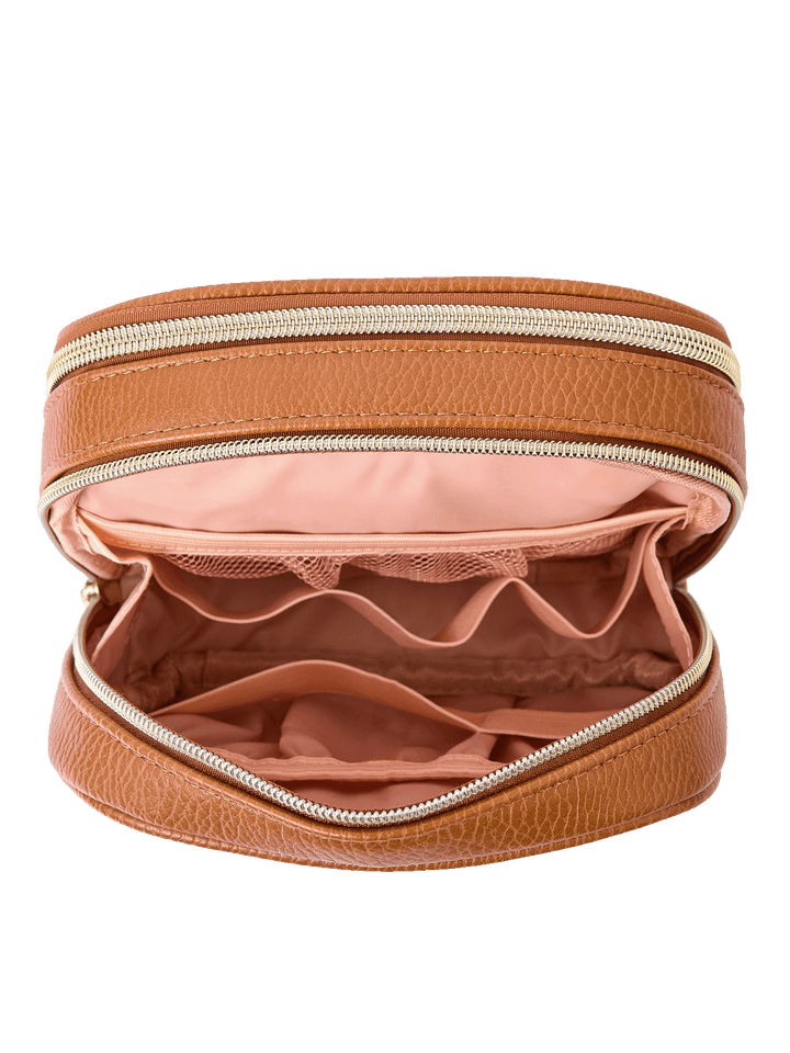 Pretty Connected Case in Cognac opened to show tech compartment with elastic organizers and mesh pockets