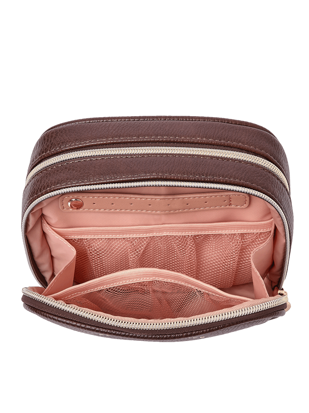 Pretty Connected Case in Espresso opened to show cosmetic compartment with jewelry tab and mesh pockets