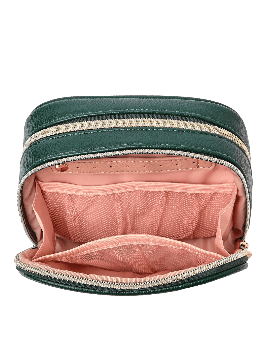 Pretty Connected Case in Heritage Green opened to show cosmetic compartment with jewelry tab and mesh pockets