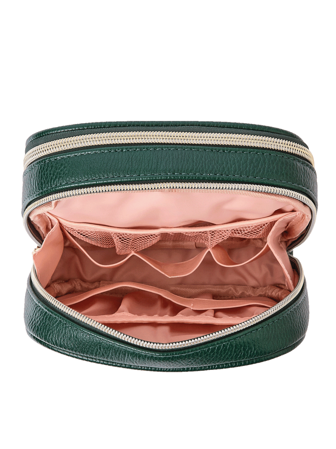 Pretty Connected Case in Heritage Green opened to show tech compartment with elastic organizers and mesh pockets