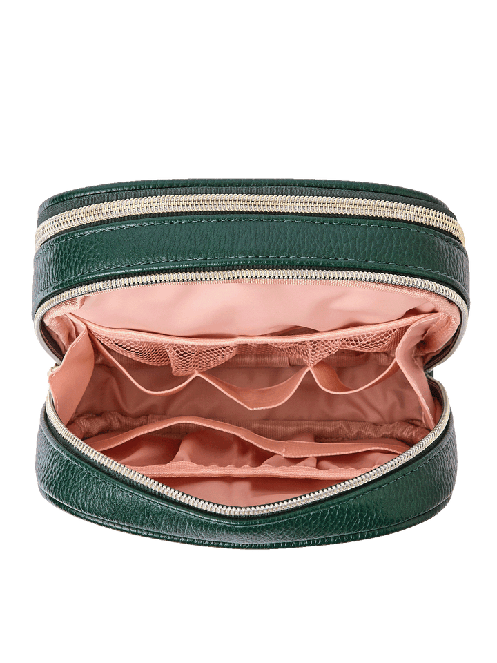 Pretty Connected Case in Heritage Green opened to show tech compartment with elastic organizers and mesh pockets