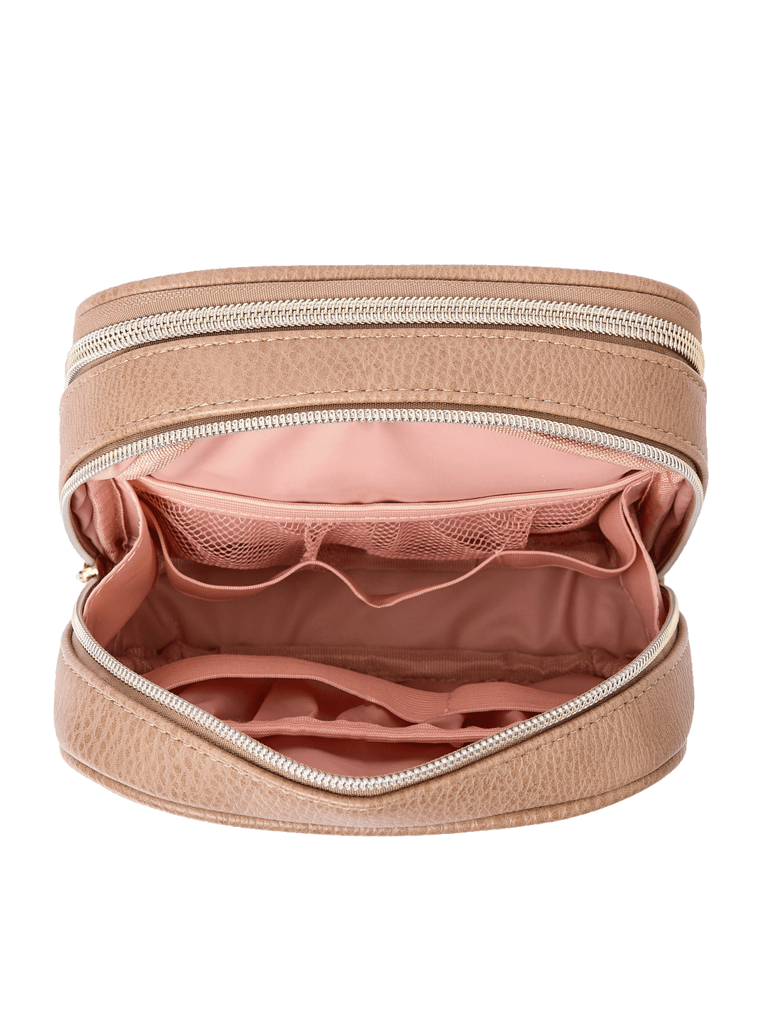 Pretty Connected Case in Mocha Mousse opened to show tech compartment with elastic organizers and mesh pockets