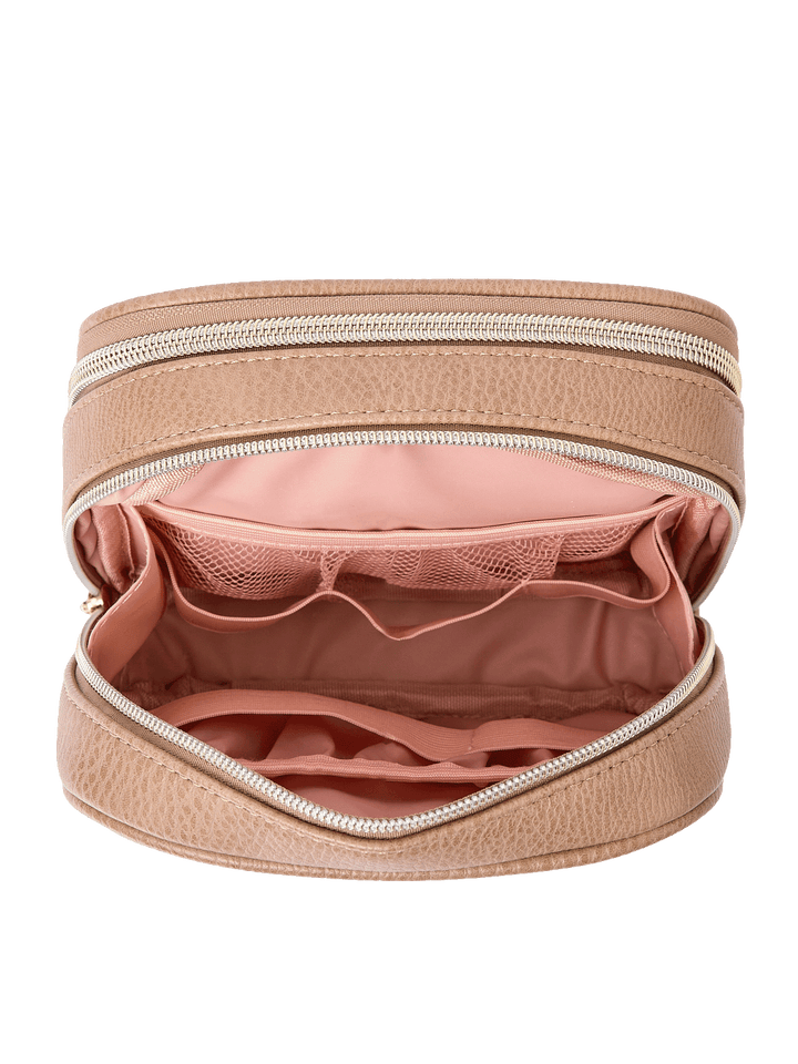 Pretty Connected Case in Mocha Mousse opened to show tech compartment with elastic organizers and mesh pockets