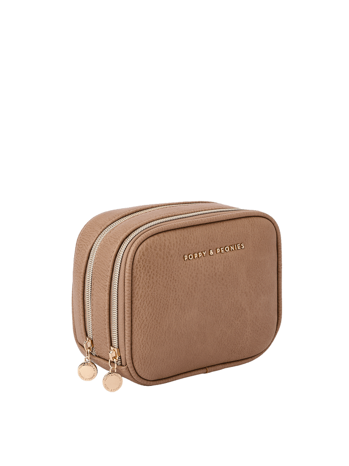 Angled side view of Pretty Connected Case in Mocha Mousse showing dual zip compartments