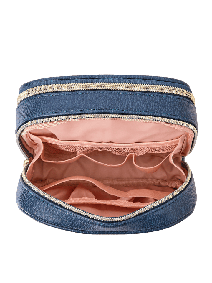 Pretty Connected Case in Navy opened to show tech compartment with elastic organizers and mesh pockets