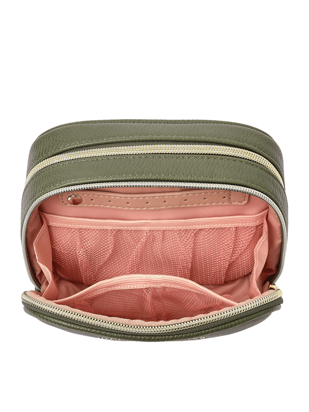 Pretty Connected Case in Olive opened to show cosmetic compartment with jewelry tab and mesh pockets