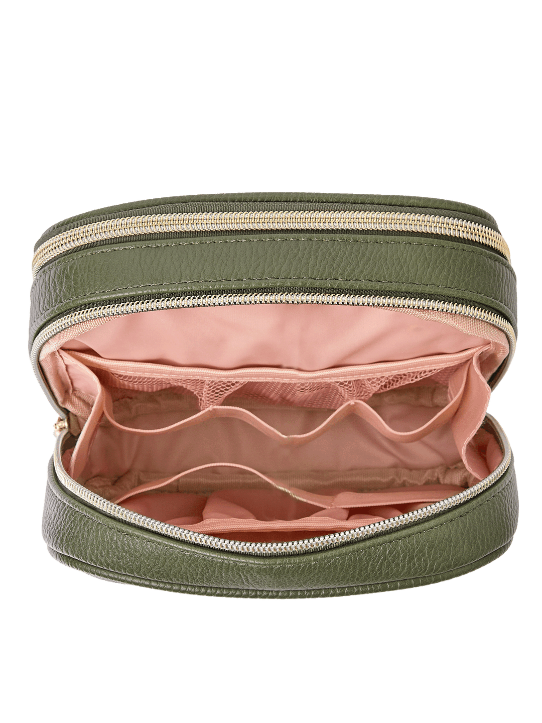 Pretty Connected Case in Olive opened to show tech compartment with elastic organizers and mesh pockets