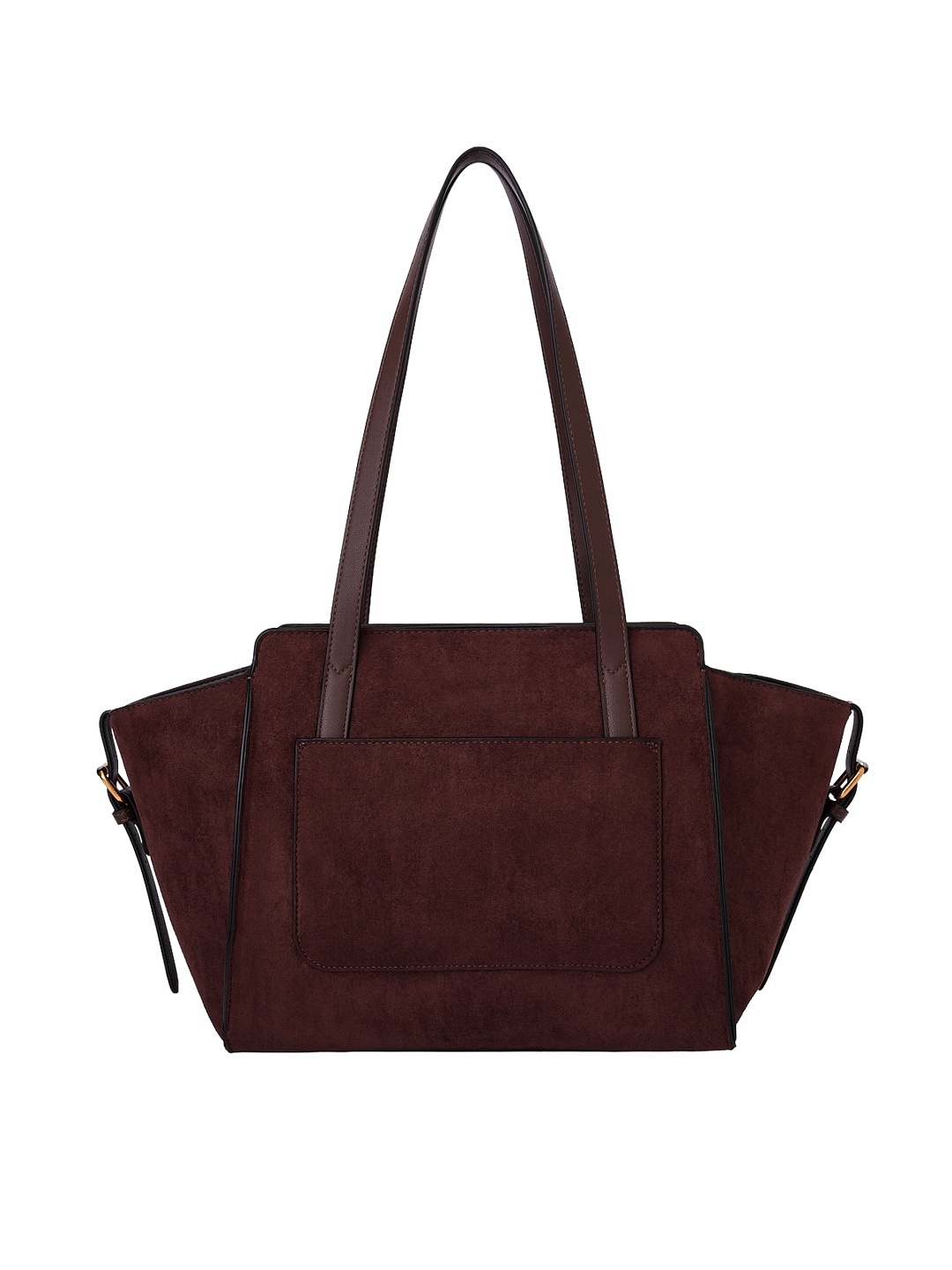 Poppy & Peonies Mini Avenue Tote in Espresso Suede back view, featuring long shoulder straps, a structured silhouette and exterior slip pocket.