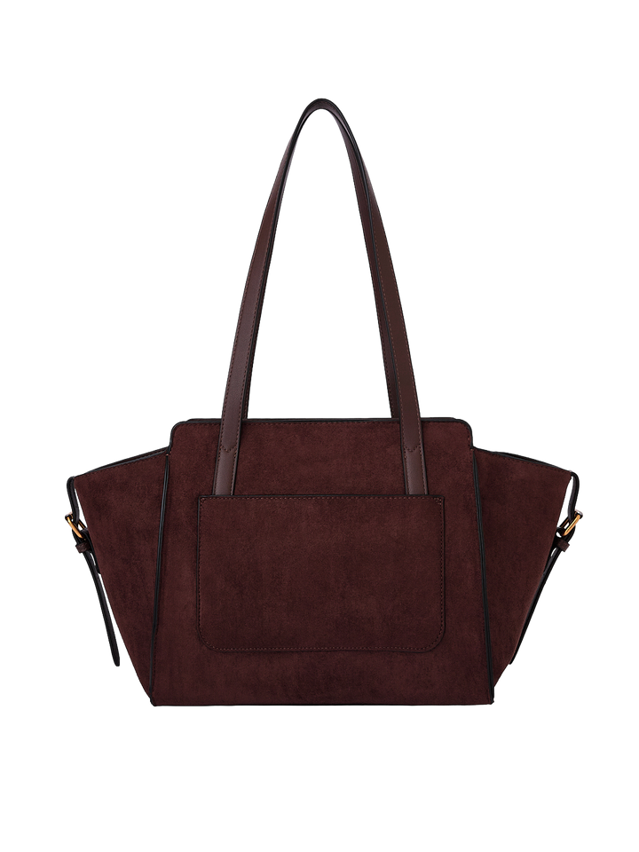 Poppy & Peonies Mini Avenue Tote in Espresso Suede back view, featuring long shoulder straps, a structured silhouette and exterior slip pocket.