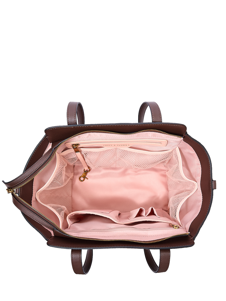 Poppy & Peonies Mini Avenue Tote in Espresso Suede open top view, showcasing the blush-pink lined interior, zippered pocket and organized storage compartments.