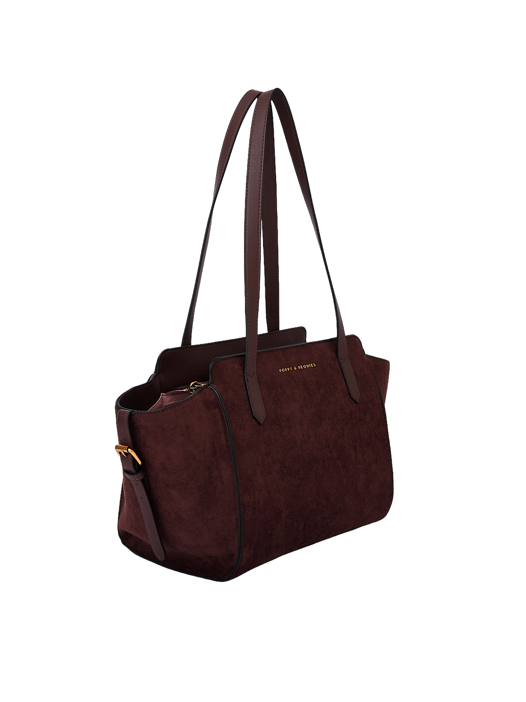 Poppy & Peonies Mini Avenue Tote in Espresso Suede angled side view, highlighting the compact structured shape, long shoulder straps and soft suede exterior.