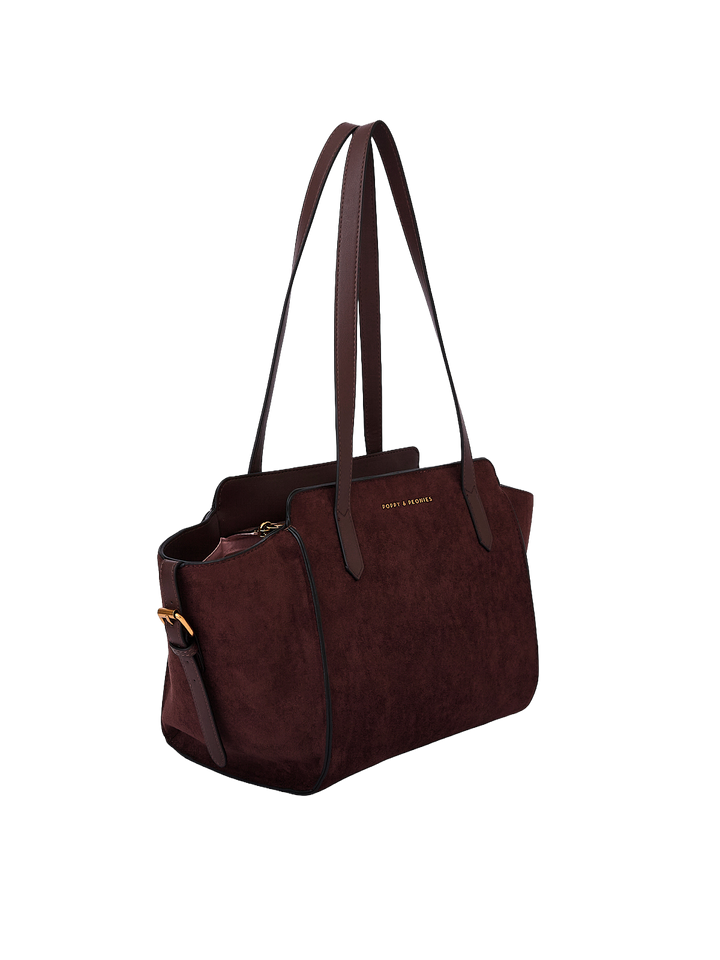 Poppy & Peonies Mini Avenue Tote in Espresso Suede angled side view, highlighting the compact structured shape, long shoulder straps and soft suede exterior.