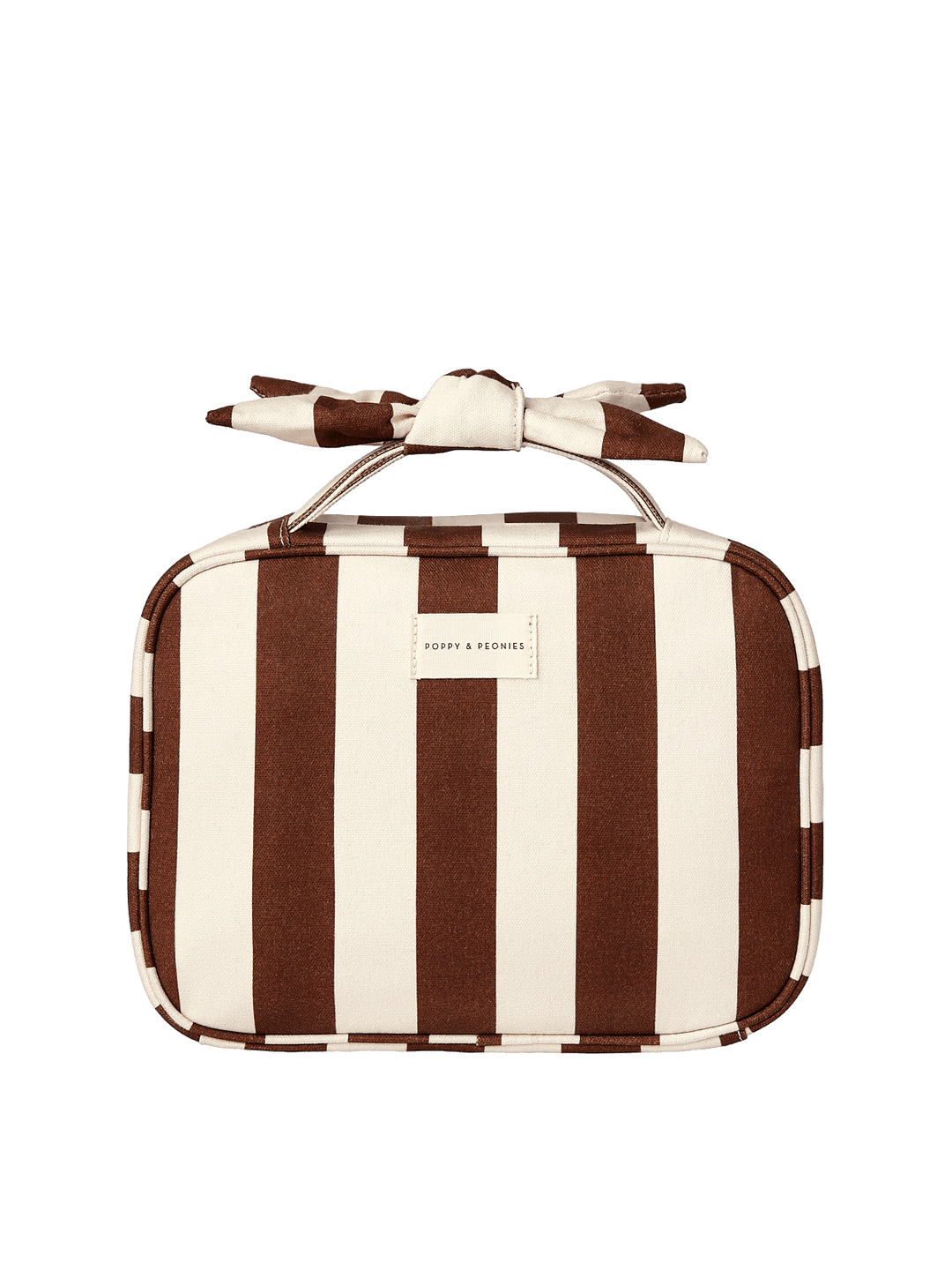 Brown and white striped travel cosmetic case with a bow