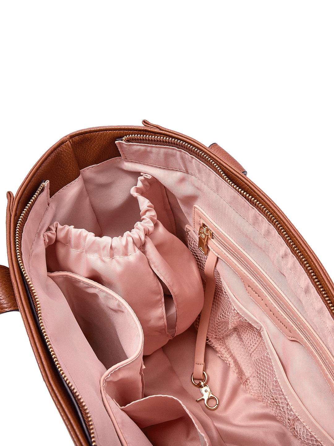 Close-up of the Small Multitasker in Chestnut showing cup holder, key leash, and organization pockets