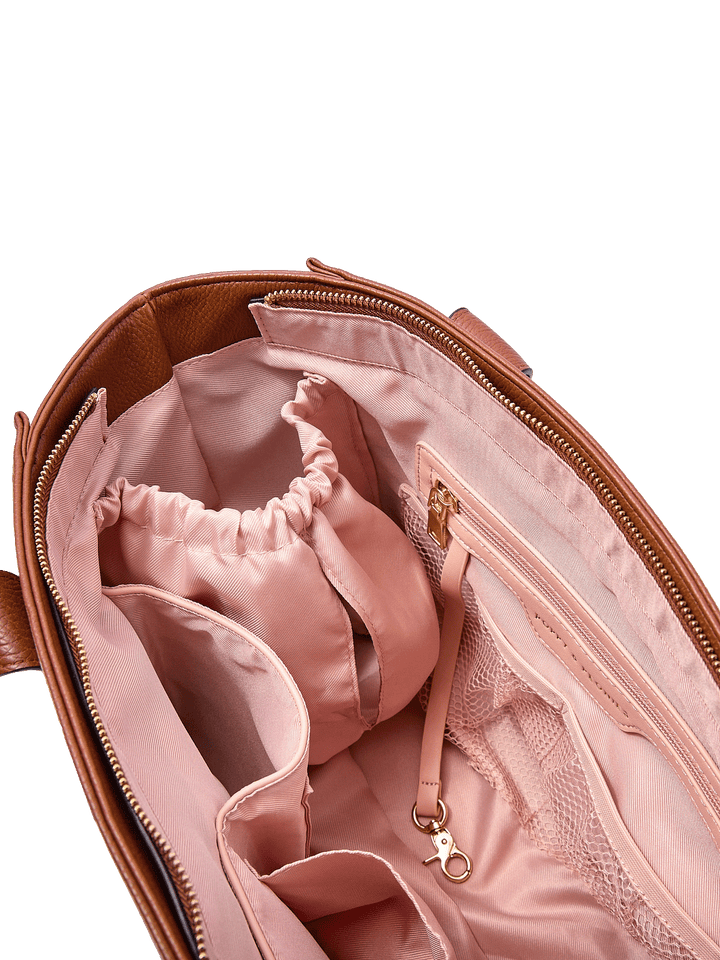 Close-up of the Small Multitasker in Chestnut showing cup holder, key leash, and organization pockets
