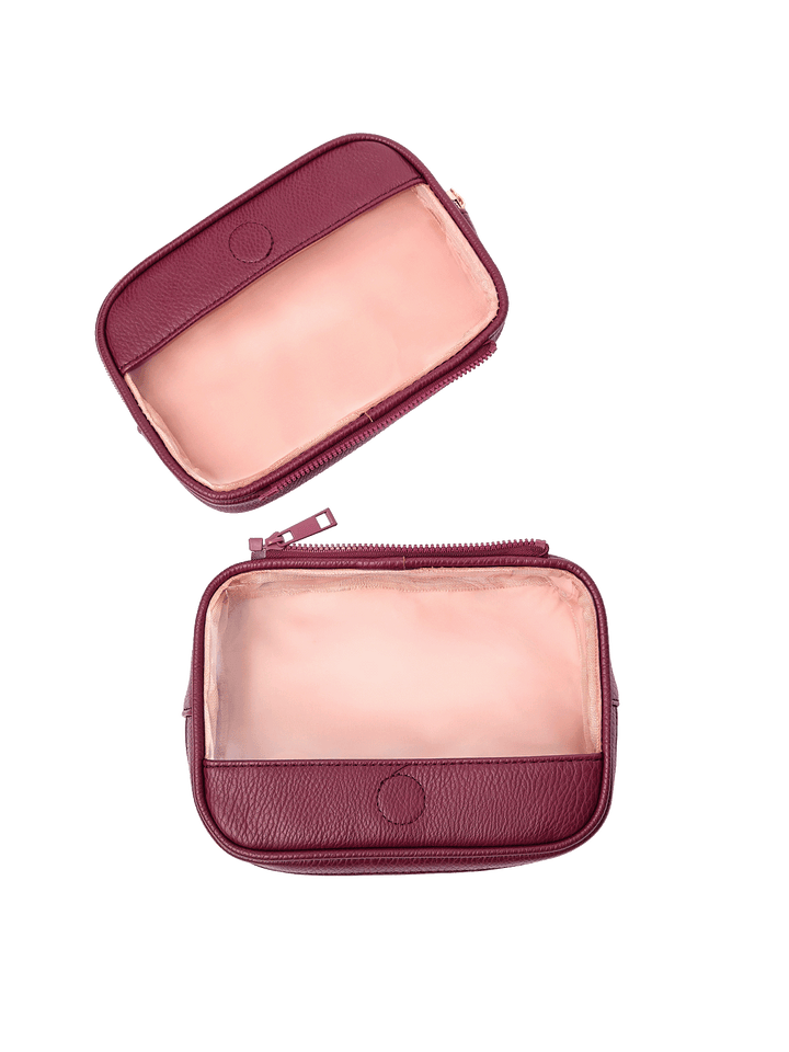 The Split Organizer in Berry with compartments separated for individual use