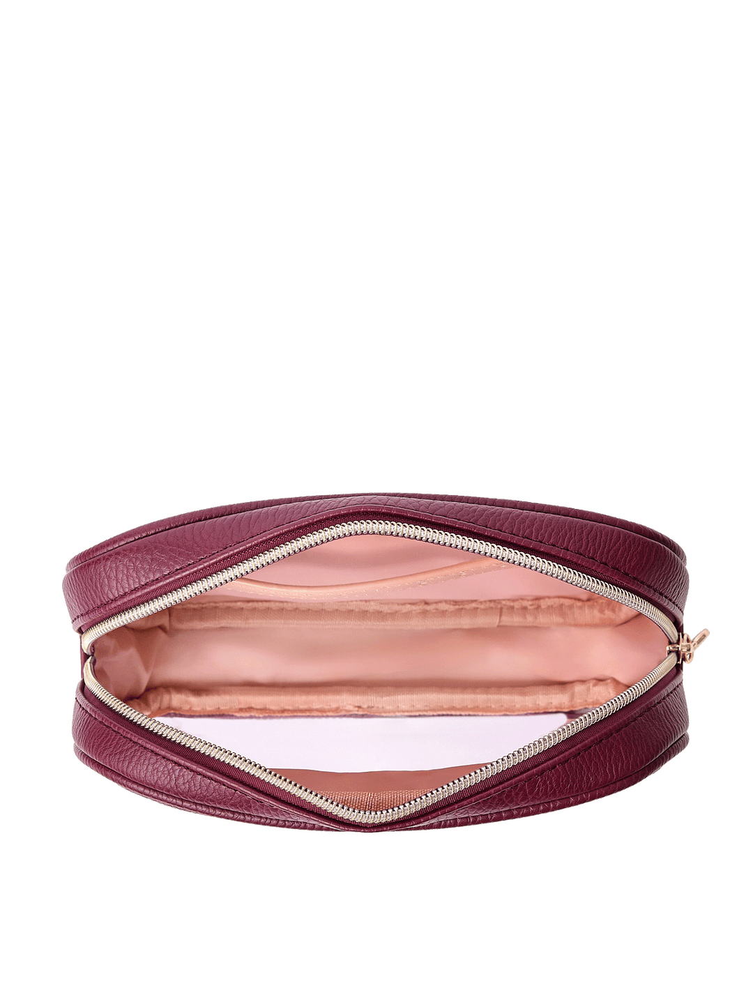 Open view of The Split Organizer in Berry showing wipeable interior and jewelry tab