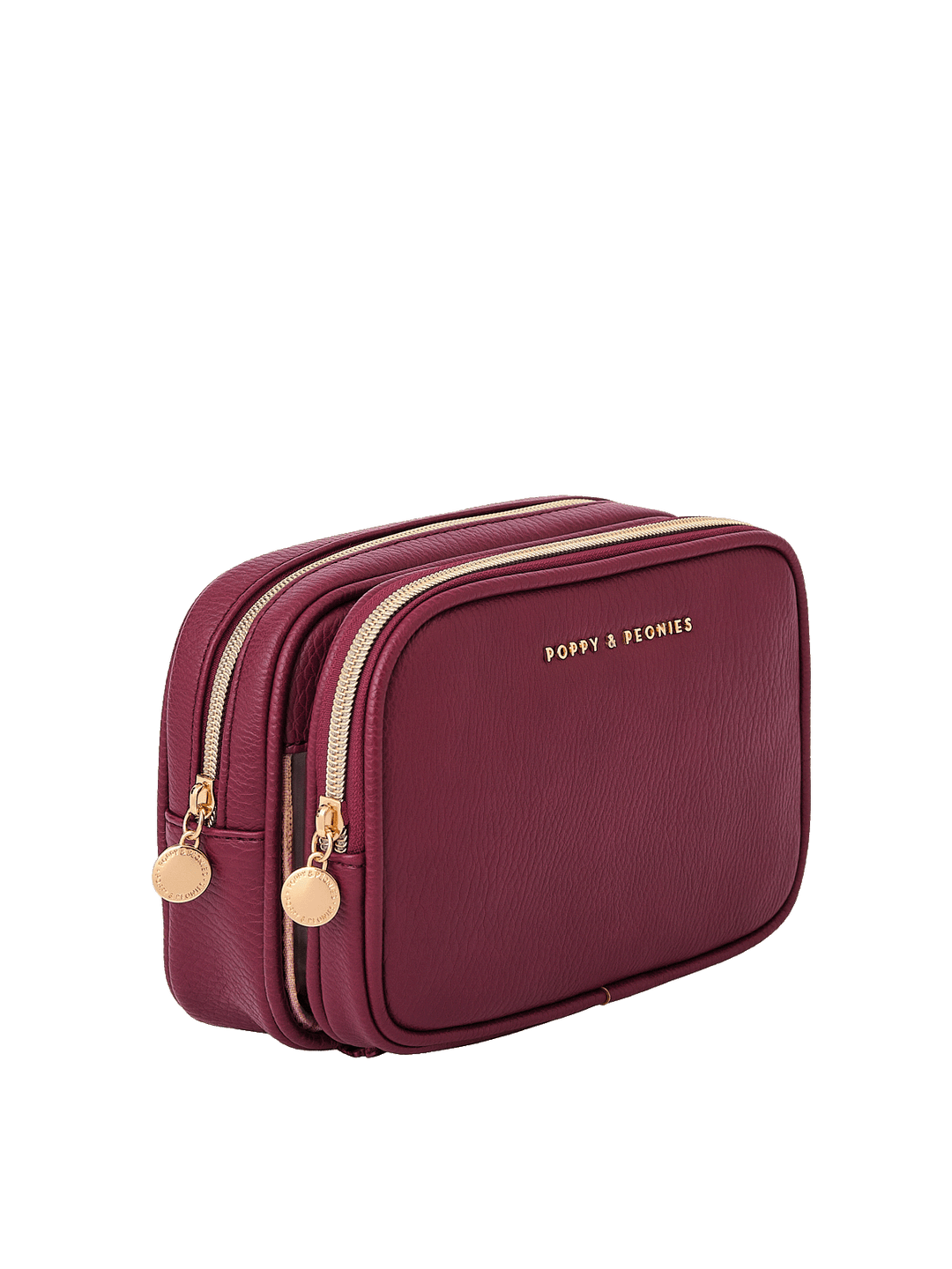 Angled side view of The Split Organizer in Berry showing dual compartments