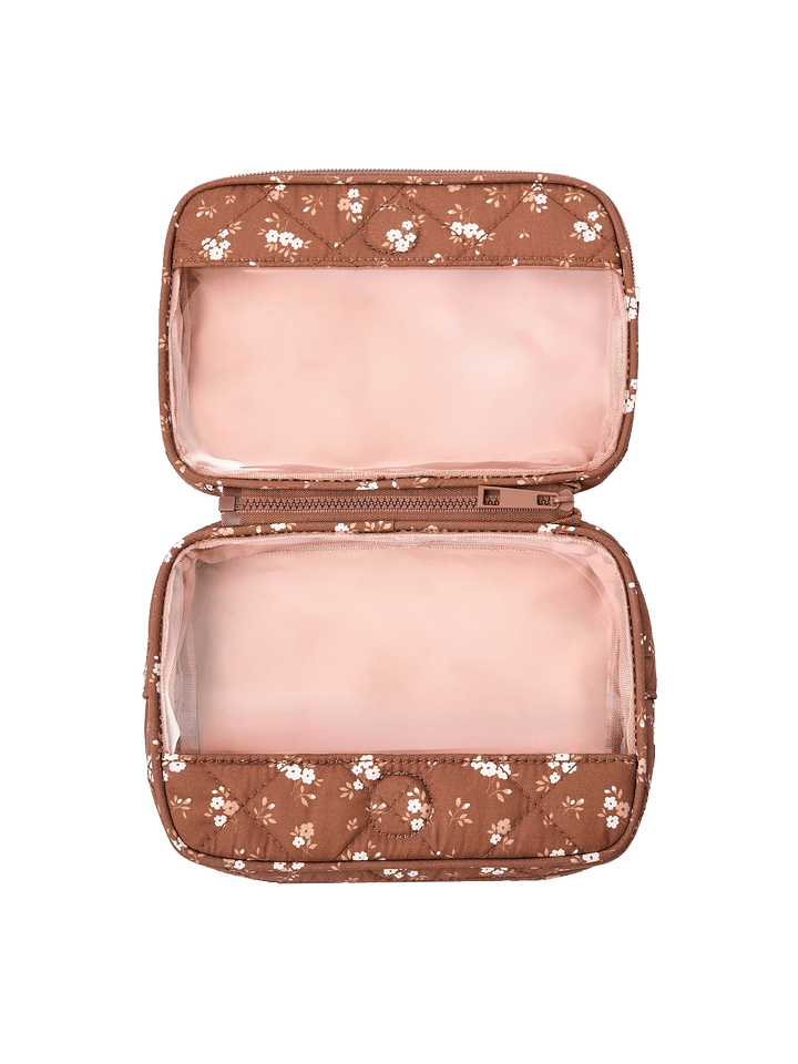 The Split Organizer in Brown Floral fully unzipped to display both compartments